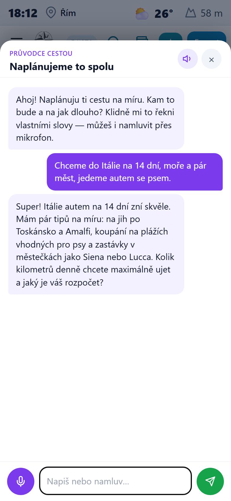 AI asistent plánování cesty — konverzace o trase do Itálie