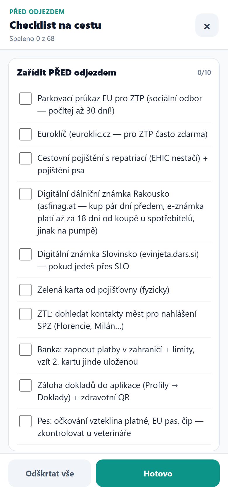 Checklist na cestu s úkoly před odjezdem a průběhem odškrtání