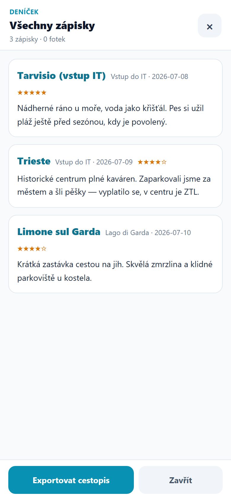 Deníček se zápisky z míst, hodnocením a tlačítkem Exportovat cestopis