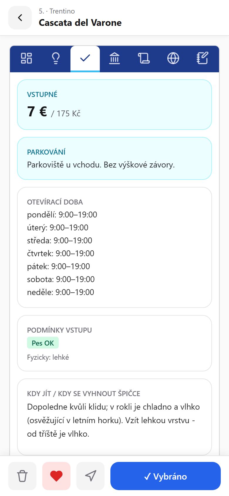Praktické informace místa — vstupné zdarma, parkování, otevírací doba, pravidla pro psy