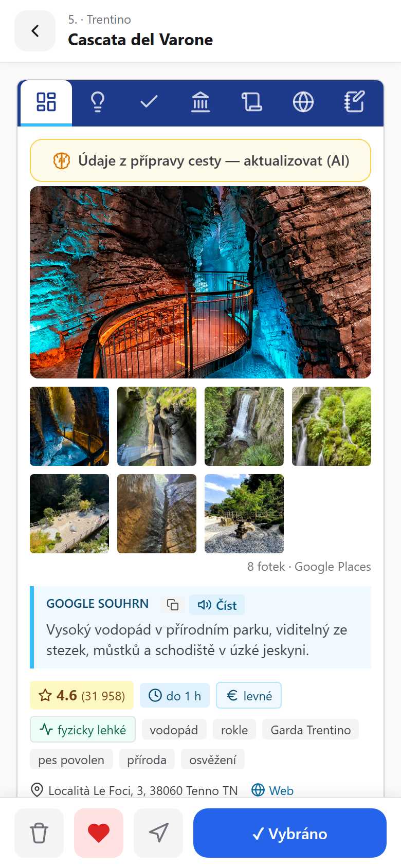 Detail místa s fotkami z Google a praktickými informacemi