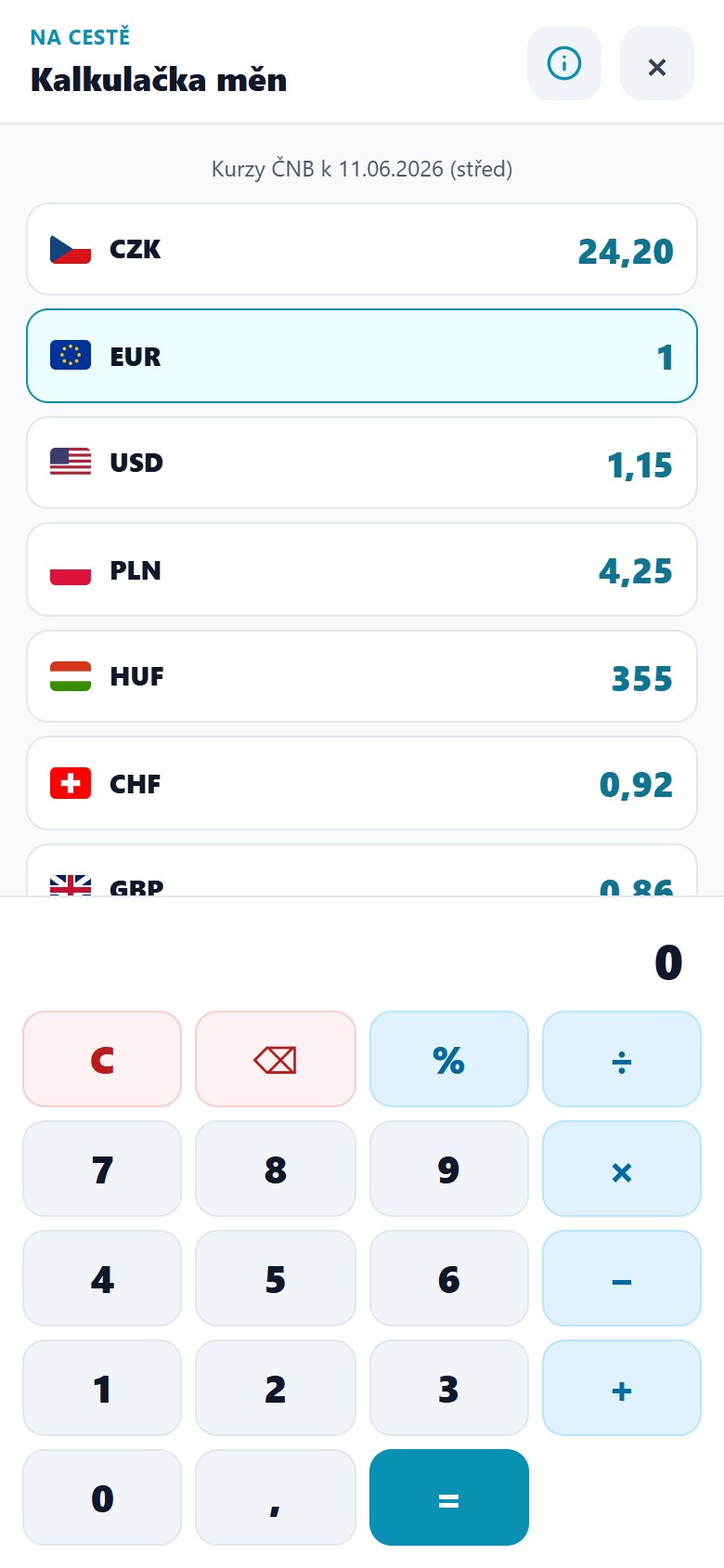 Kalkulačka měn s kurzy ČNB pro CZK, EUR, USD, PLN, HUF, CHF a GBP