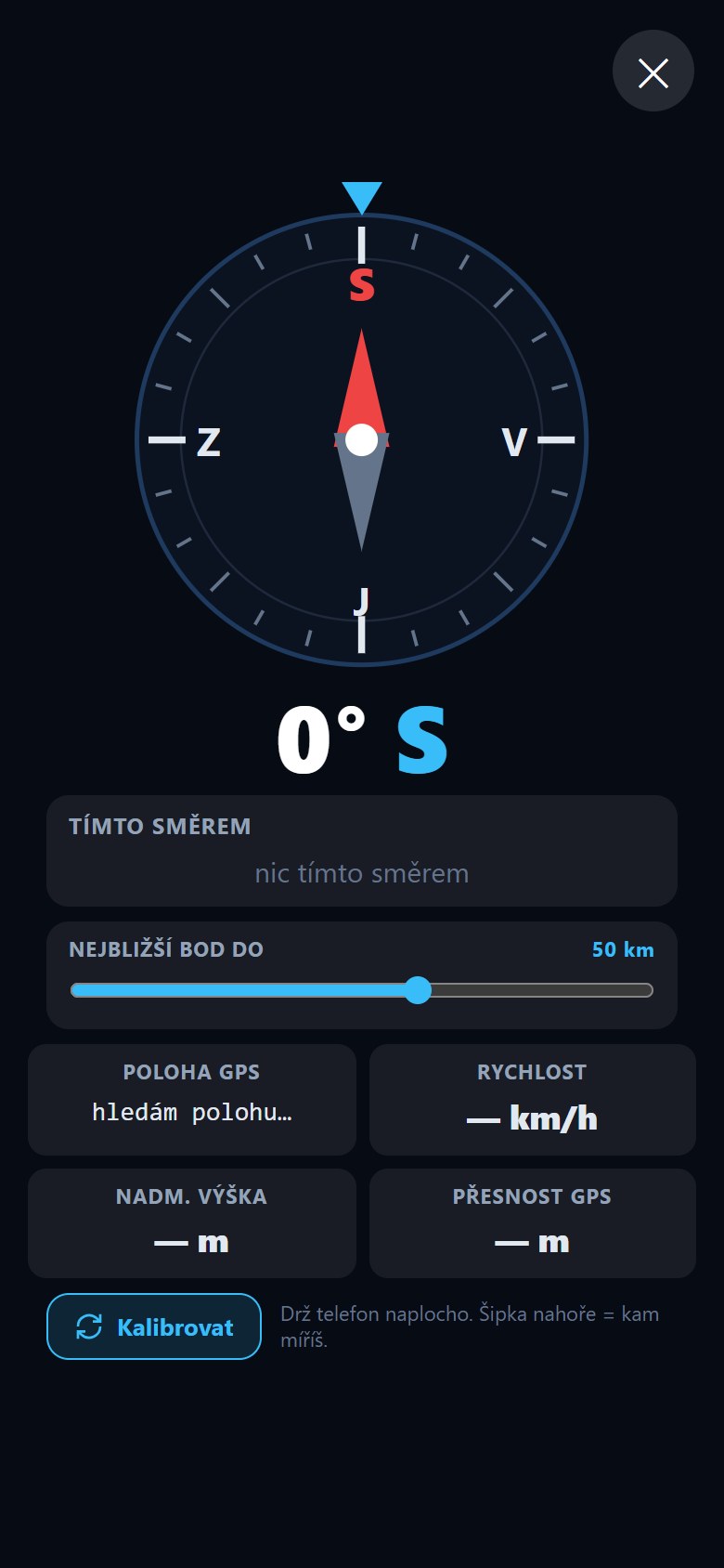 Kompas s nejbližšími cíli ve směru pohledu, nadmořskou výškou a přesností GPS