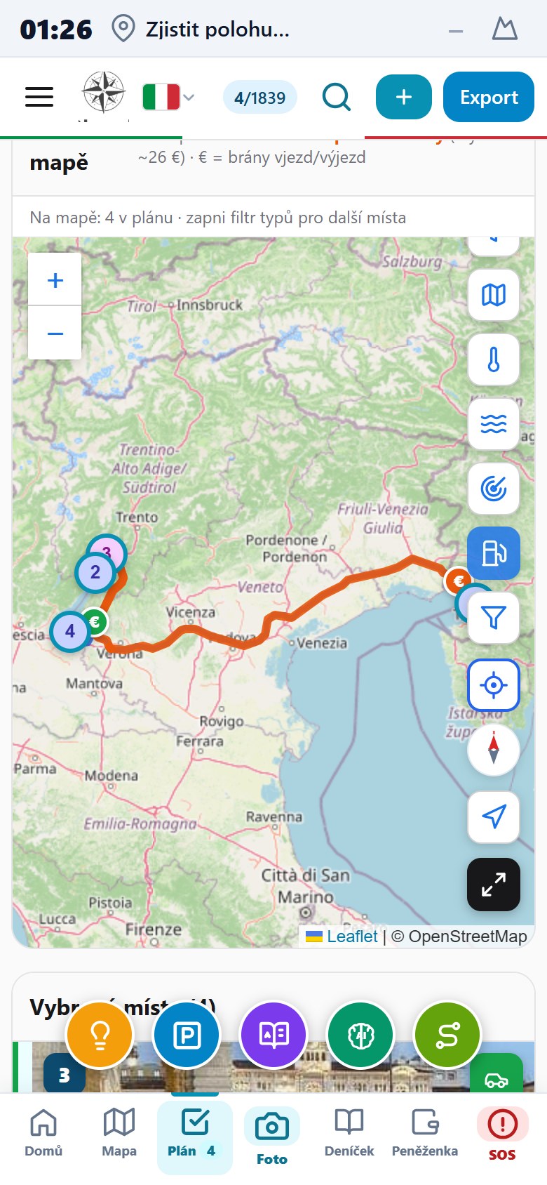 Plánovací mapa trasy v Itálii s vrstvou benzínek, cenami paliva a mýtnými branami