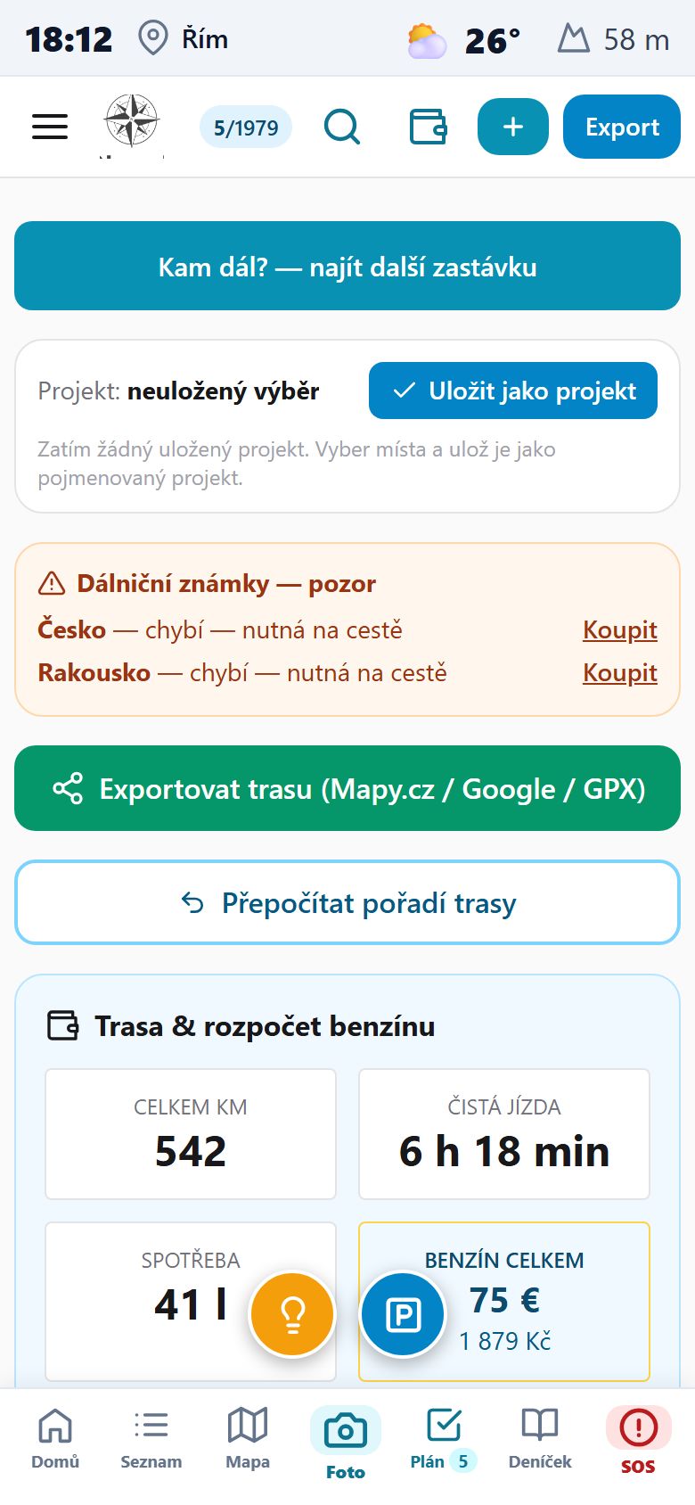Plán trasy s kilometry, časem, spotřebou paliva a cenou v eurech i korunách