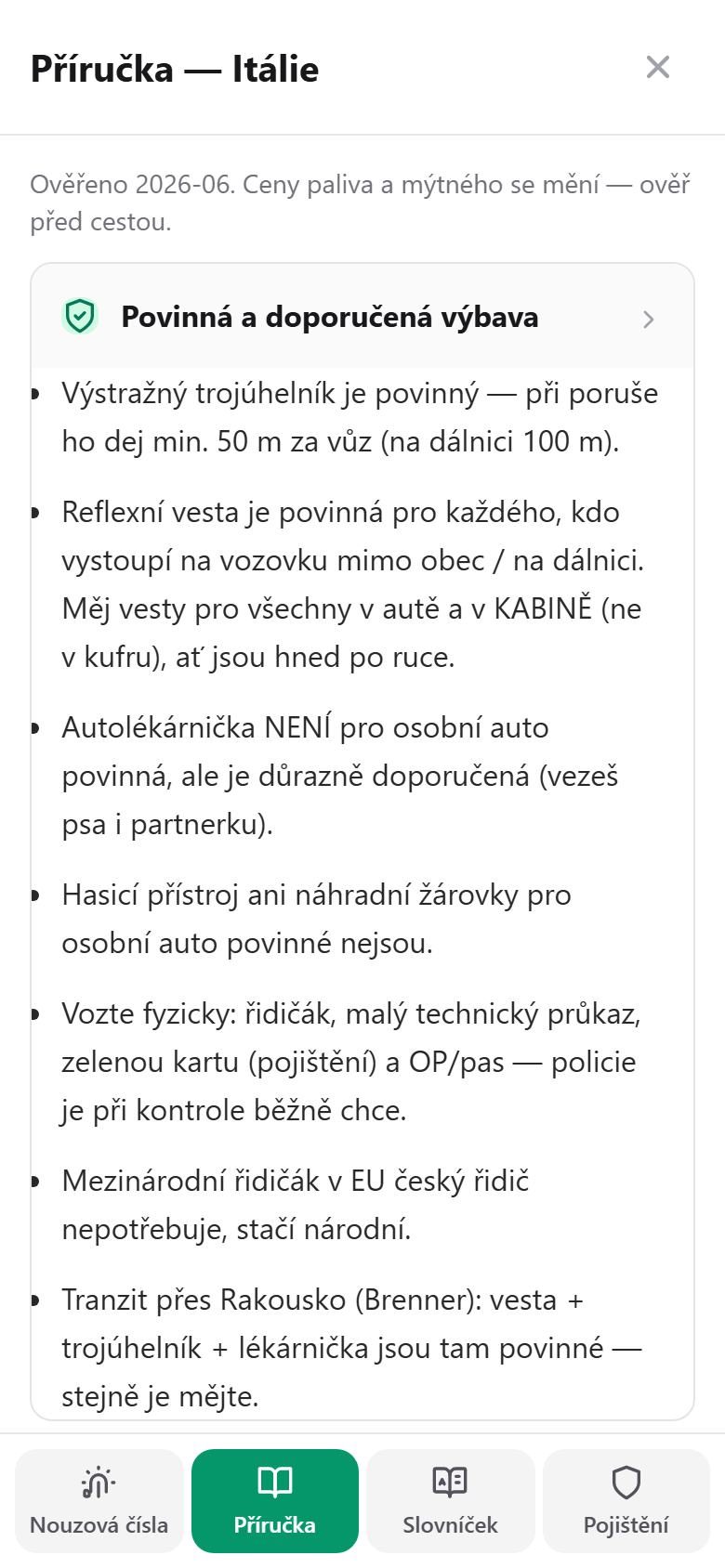Příručka pro Itálii — povinná výbava, doklady a pravidla, s datem ověření