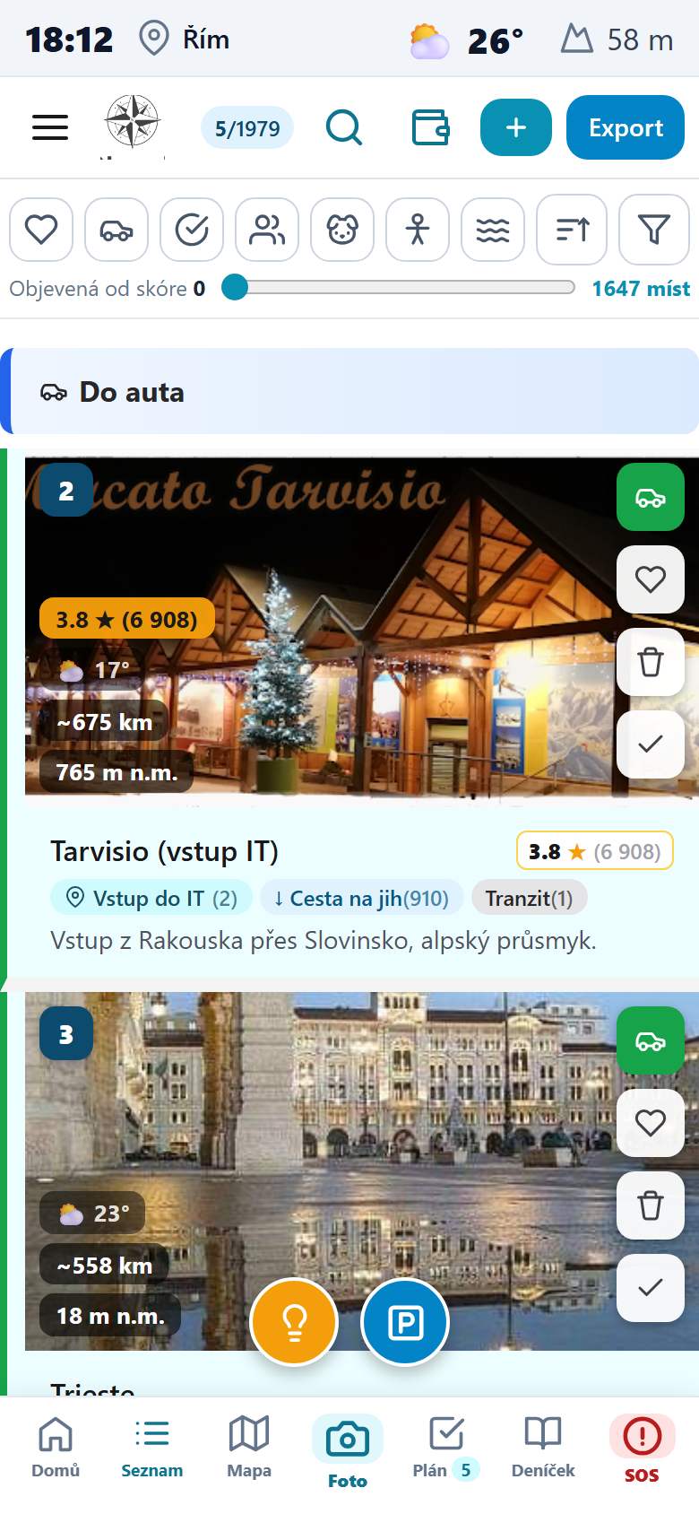 Seznam míst s ikonovými filtry a skupinami Do auta a Oblíbené