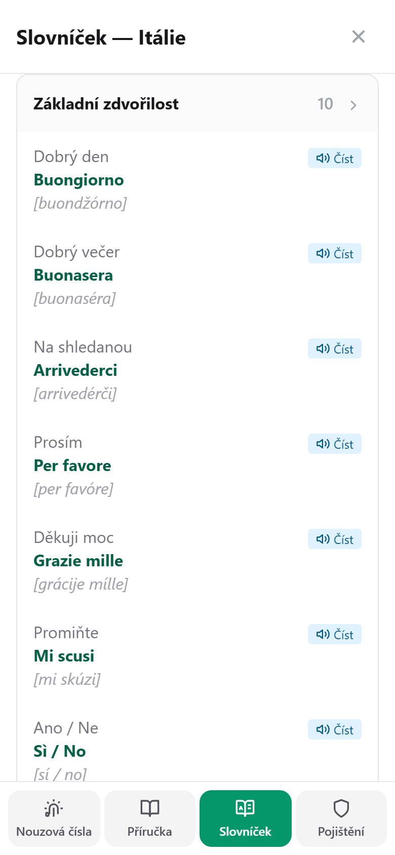 Slovníček italských frází s výslovností a tlačítkem pro přehrání nahlas