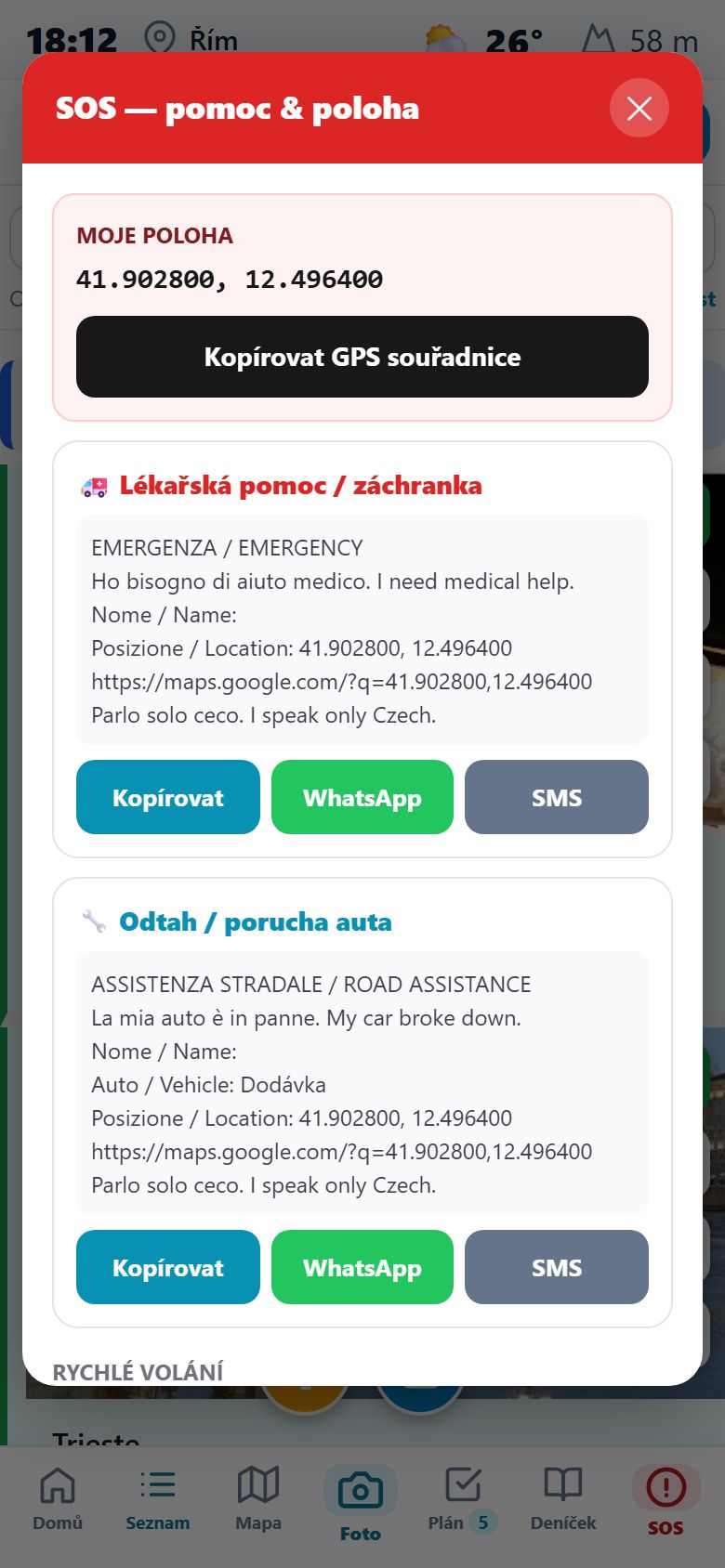 SOS obrazovka s GPS polohou a hotovou zprávou pro záchranku i odtah