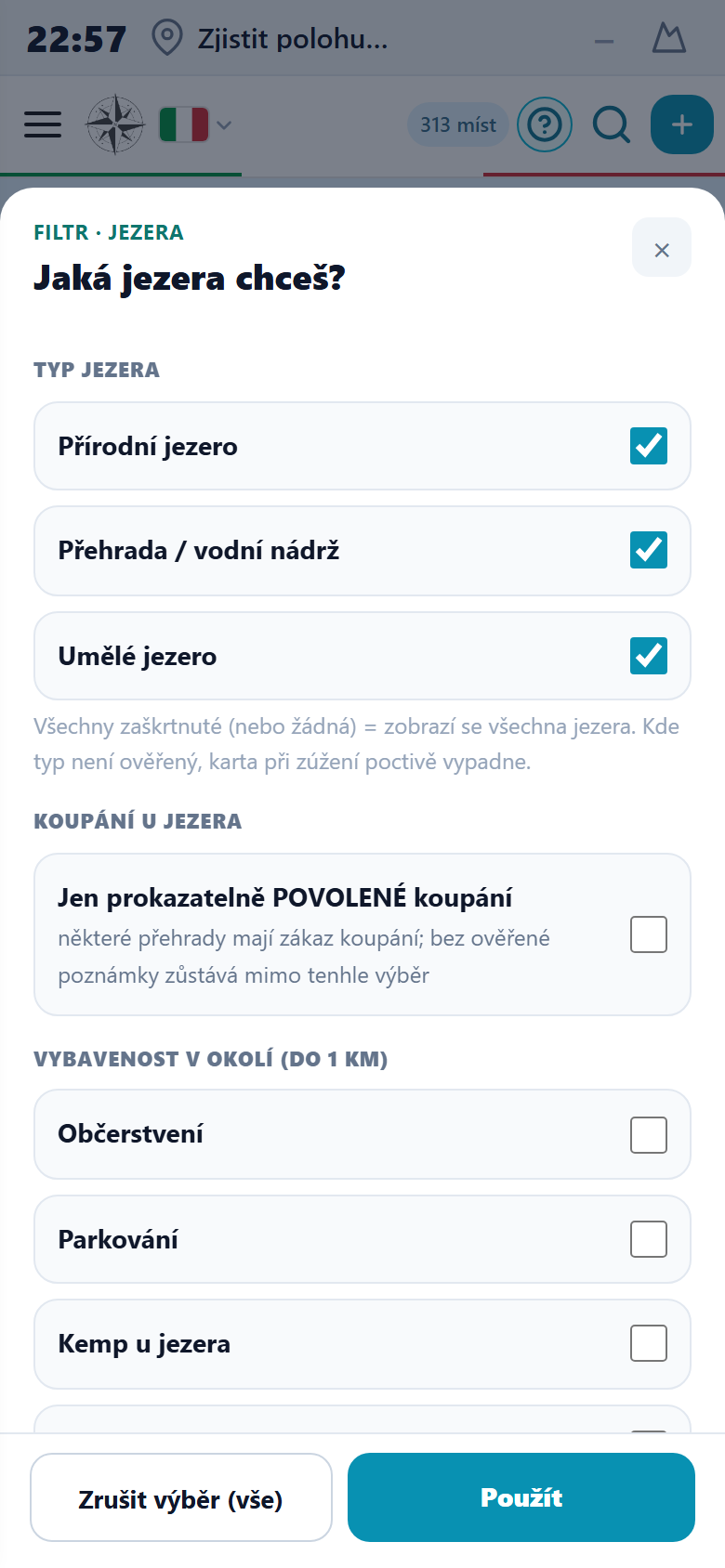 Nový dialog filtru jezer — typ jezera, povolené koupání a vybavenost okolí