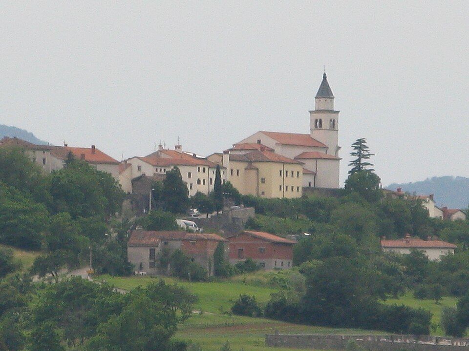Město Ajdovščina v centru Vipavské doliny, pohled na zástavbu a vinice