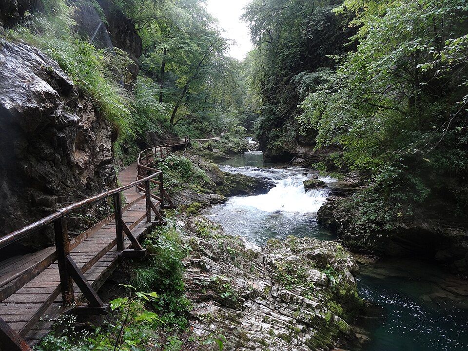 Pohled do hloubky soutěsky Vintgar se zelenými lávkami nad vodou