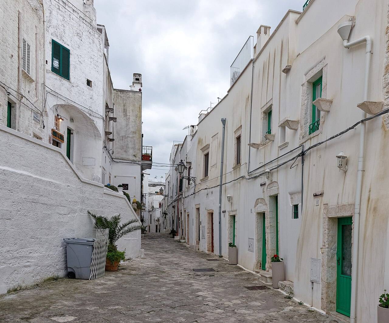 Panorama Ostuni — bílé město na kopci v Apulii se starými olivovníky v popředí
