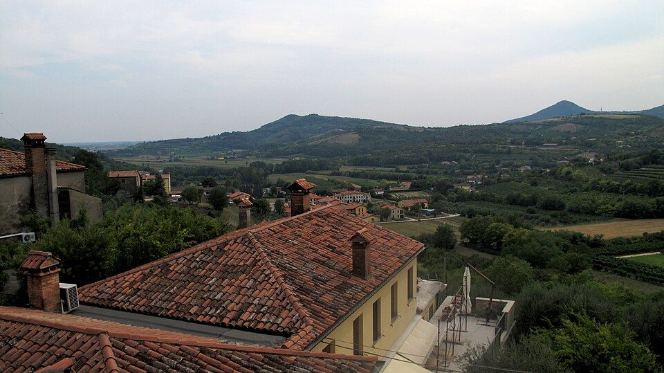 Pohled na střechy a okolní zeleň Arquà Petrarca