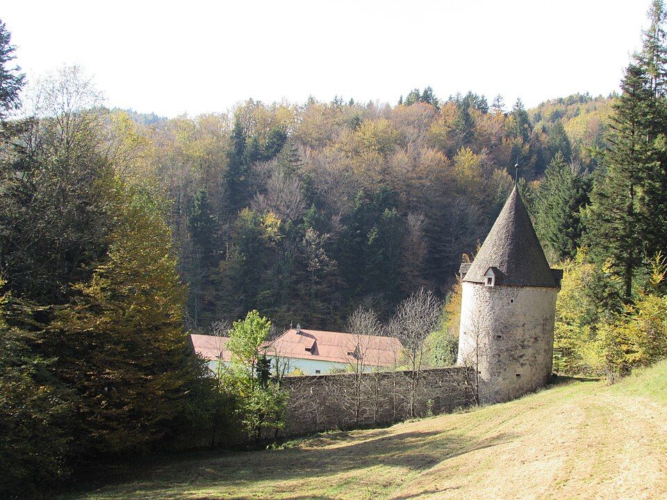 Panoramatický pohled na opevněnou severní stěnu a údolí Žičké kartuzije