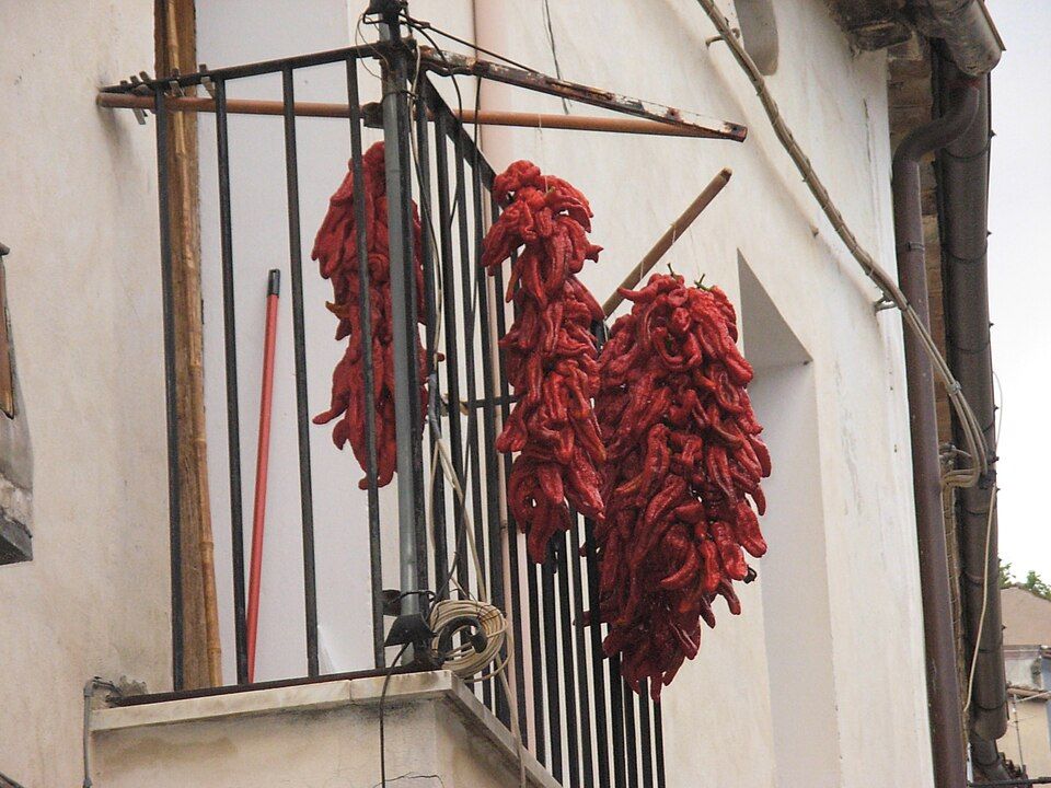 Sušení červených chilli papriček na šňůrách na fasádách domů v Altomonte — kalábrijská tradice