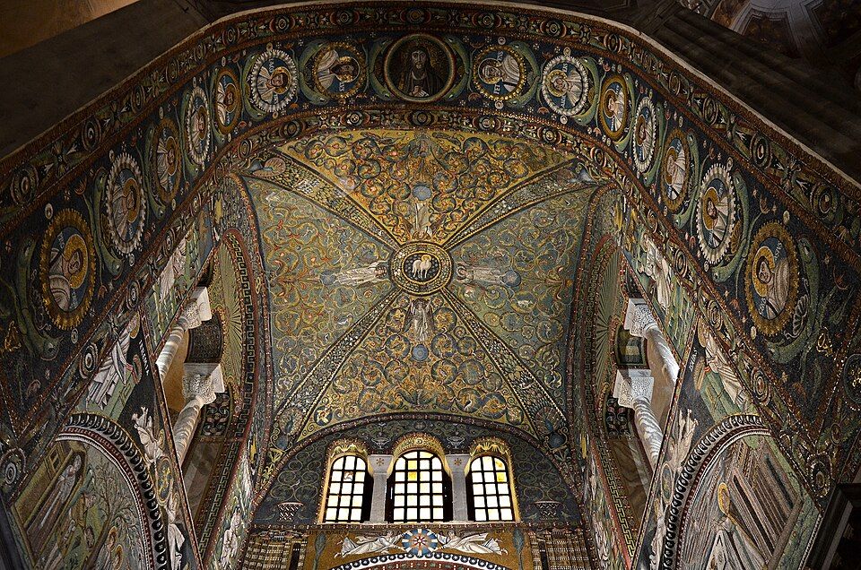 The presbytery and the arch mosaics of Jesus Christ and the Apostles, Basilica of San Vitale, Ravenna, Italy - 23745560623.jpg
