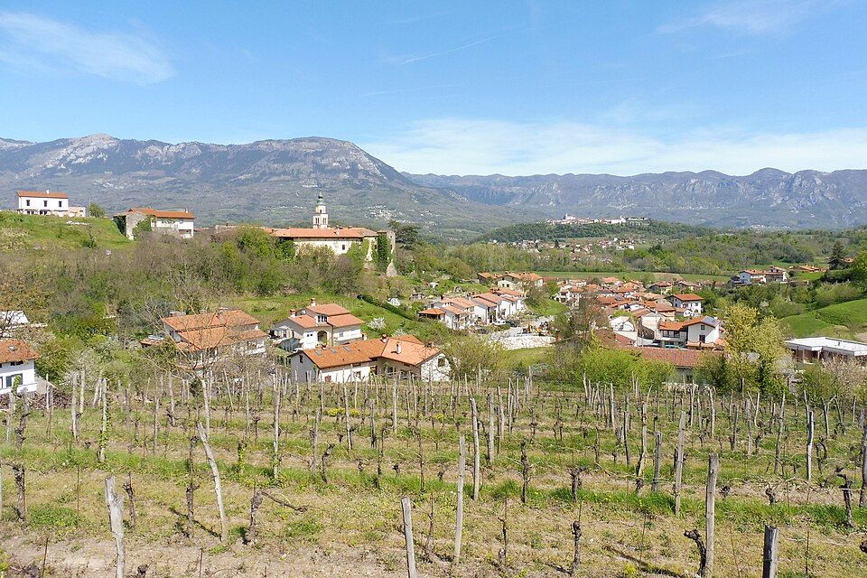 Pohled na vesnice Velike Žablje, Male Žablje a Vipavski Križ obklopené vinicemi