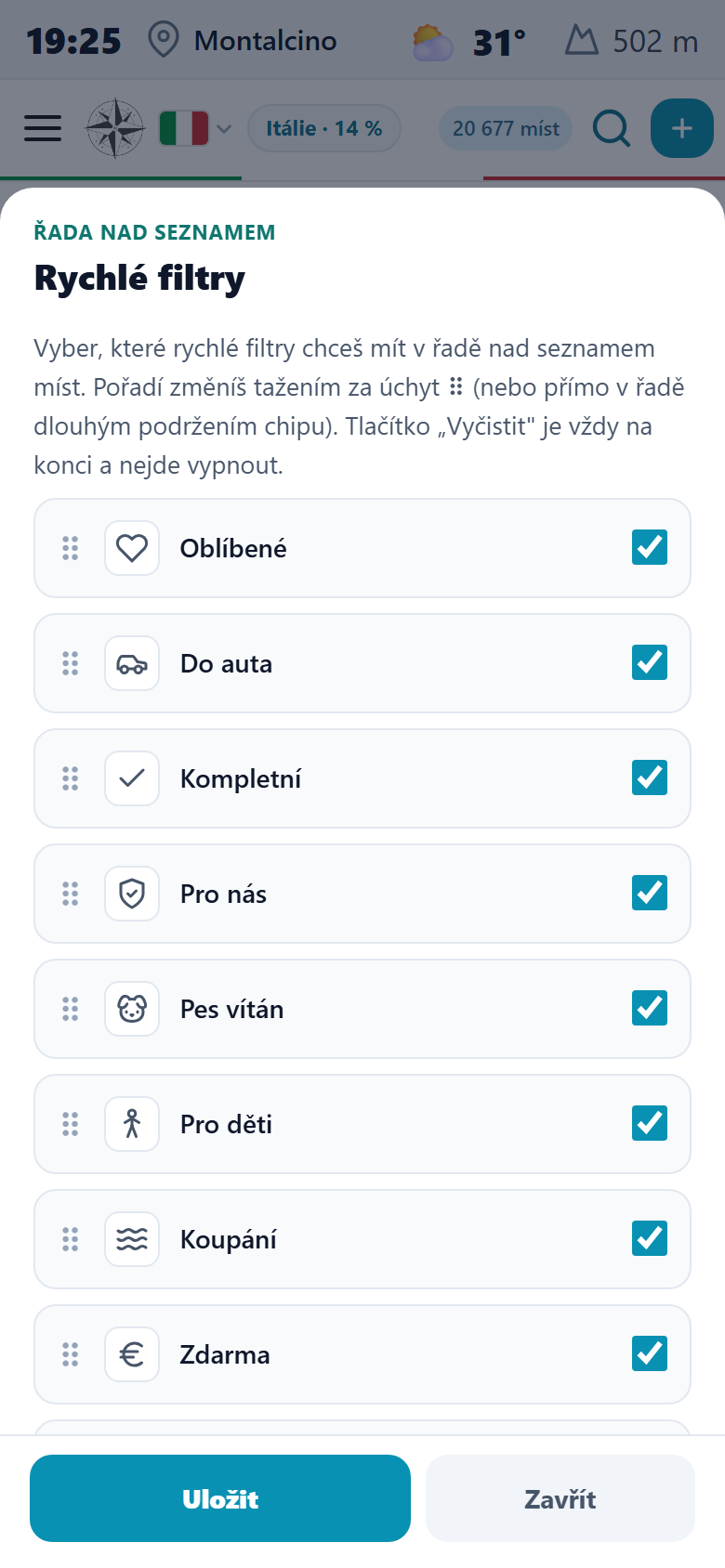 Panel Rychlé filtry: seznam zkratek s úchyty pro tažení a zatržítky pro zobrazení nebo skrytí