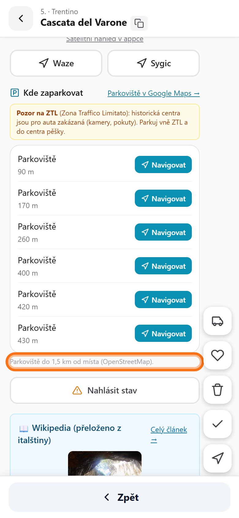 Sekce Kde zaparkovat: upozornění na ZTL a seznam parkovišť se vzdálenostmi a navigací
