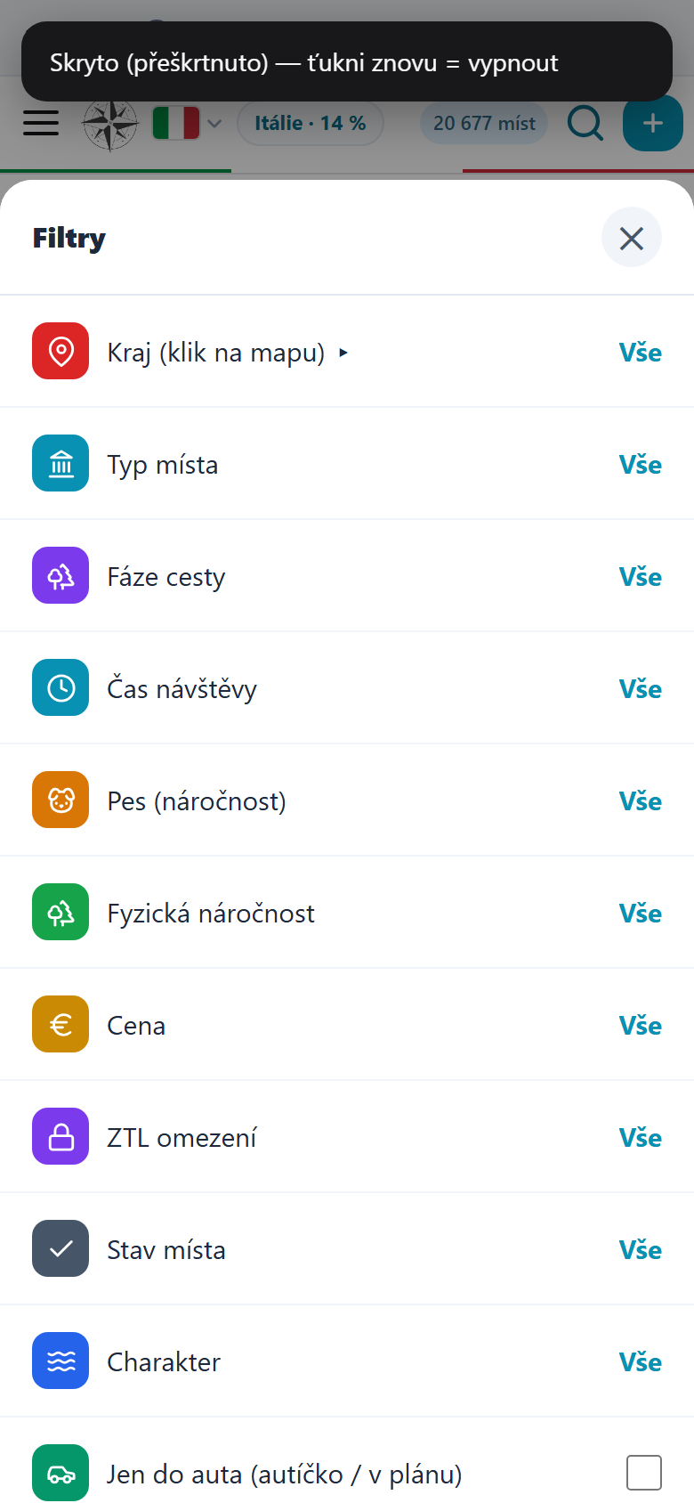 Panel Filtry se seznamem kategorií: Kraj, Typ místa, Fáze cesty, Čas návštěvy, Pes, Fyzická náročnost, Cena, ZTL, Stav místa, Charakter, Jen do auta