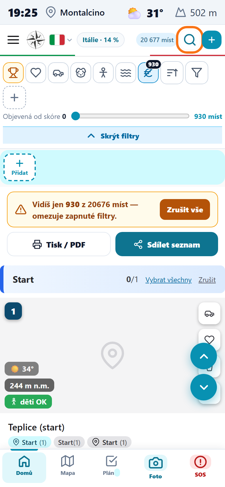 Hlavní obrazovka s oranžově zvýrazněnou ikonou lupy pro hledání