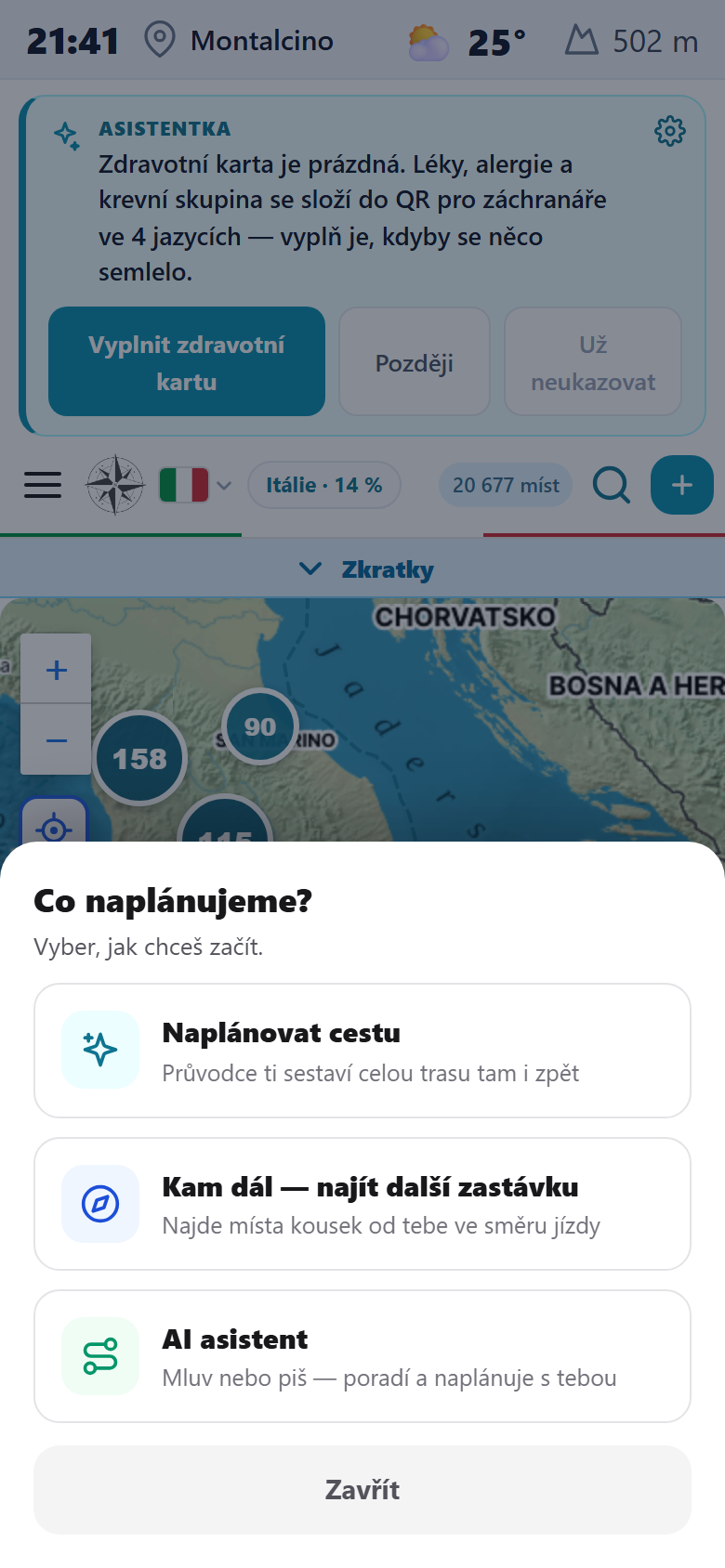 Záložka Plán zvýrazněná, na obrazovce dialog Co naplánujeme s volbami Naplánovat cestu, Kam dál a AI asistent