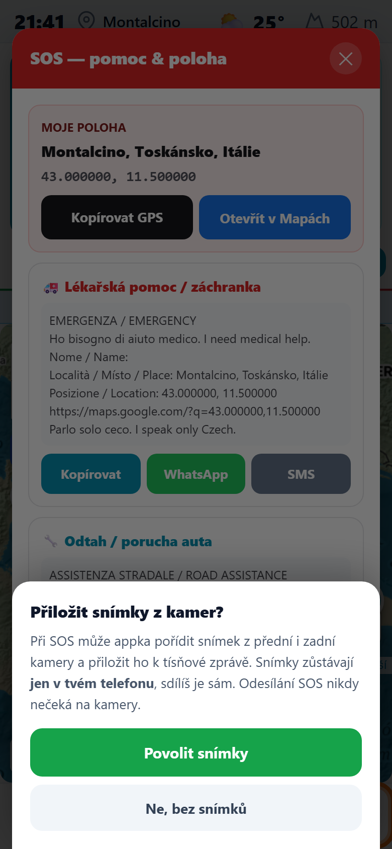 SOS obrazovka: Moje poloha s GPS souřadnicemi a tlačítky Kopírovat GPS a Otevřít v Mapách, sekce lékařská pomoc a odtah, sdílení přes WhatsApp a SMS