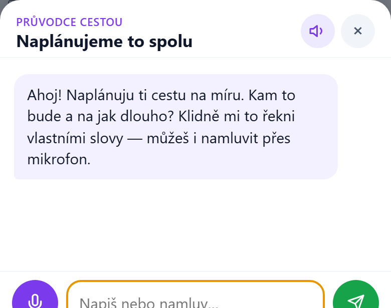 AI průvodce v aplikaci SeekBone — konverzační plánování cesty s možností namluvit zadání