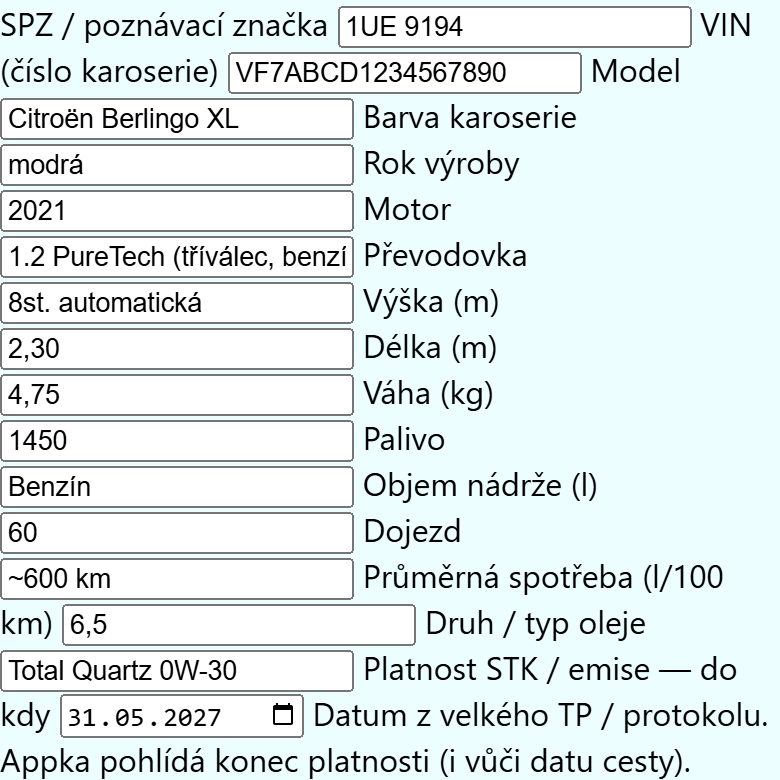 Karta vozidla v aplikaci SeekBone s rozměry, SPZ, VIN a platností STK