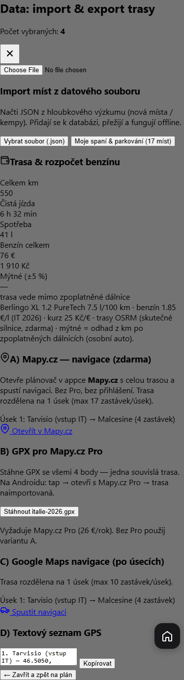 Export trasy v aplikaci SeekBone do Mapy.cz, GPX, Google Maps nebo textového seznamu GPS