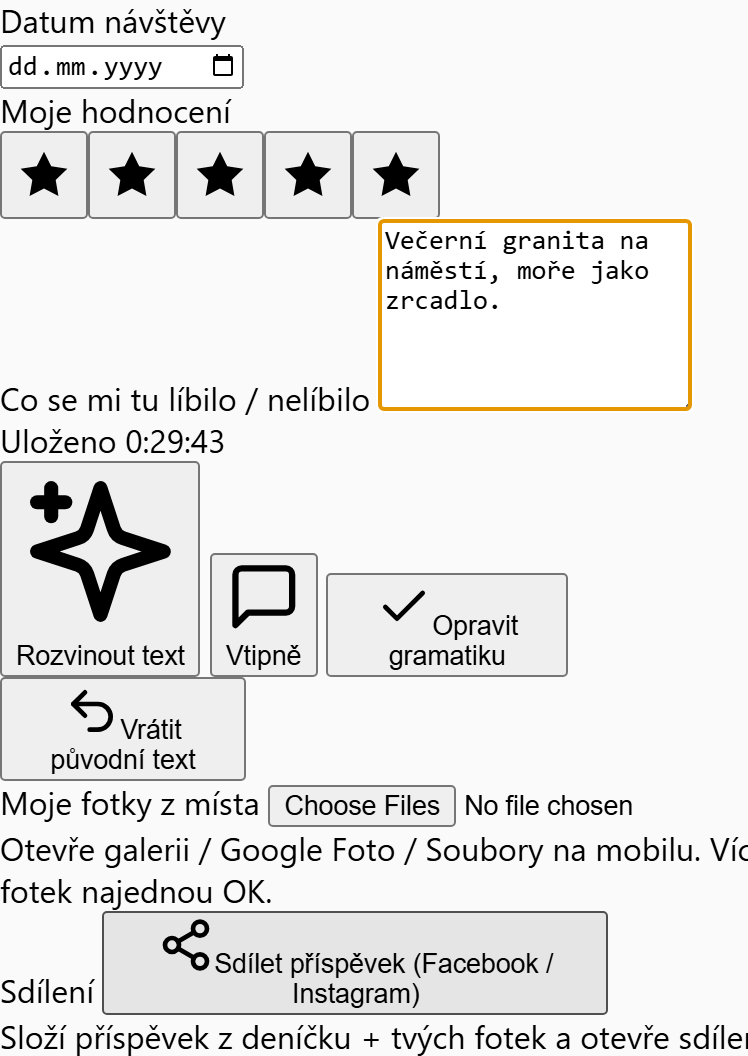 Deníček u místa v aplikaci SeekBone — datum, hodnocení hvězdičkami, text zážitku, AI úpravy a fotky