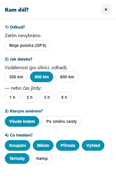 Denní plánovač Kam dál v aplikaci SeekBone — odkud, jak daleko, kterým směrem a co hledám
