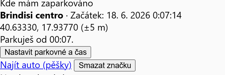 Uložená poloha zaparkovaného auta v aplikaci SeekBone — město, GPS, čas a tlačítko Najít auto