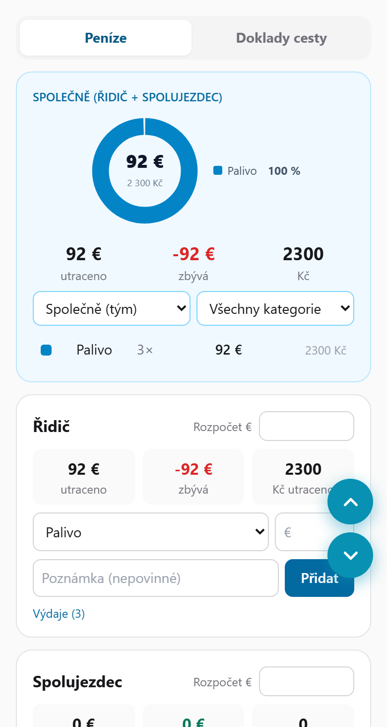 Peněženka v aplikaci SeekBone s rozpočtem, koláčovým grafem výdajů a přepočtem do domácí měny
