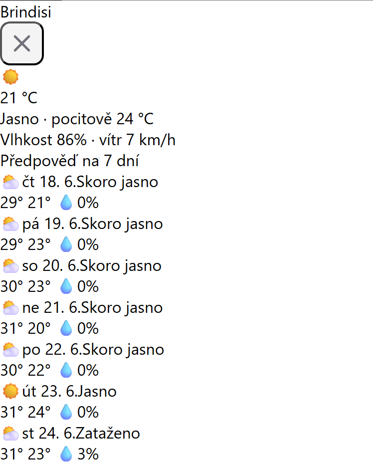 Detailní předpověď počasí v aplikaci SeekBone — aktuální teplota, pocitová, vlhkost, vítr a výhled na 7 dní