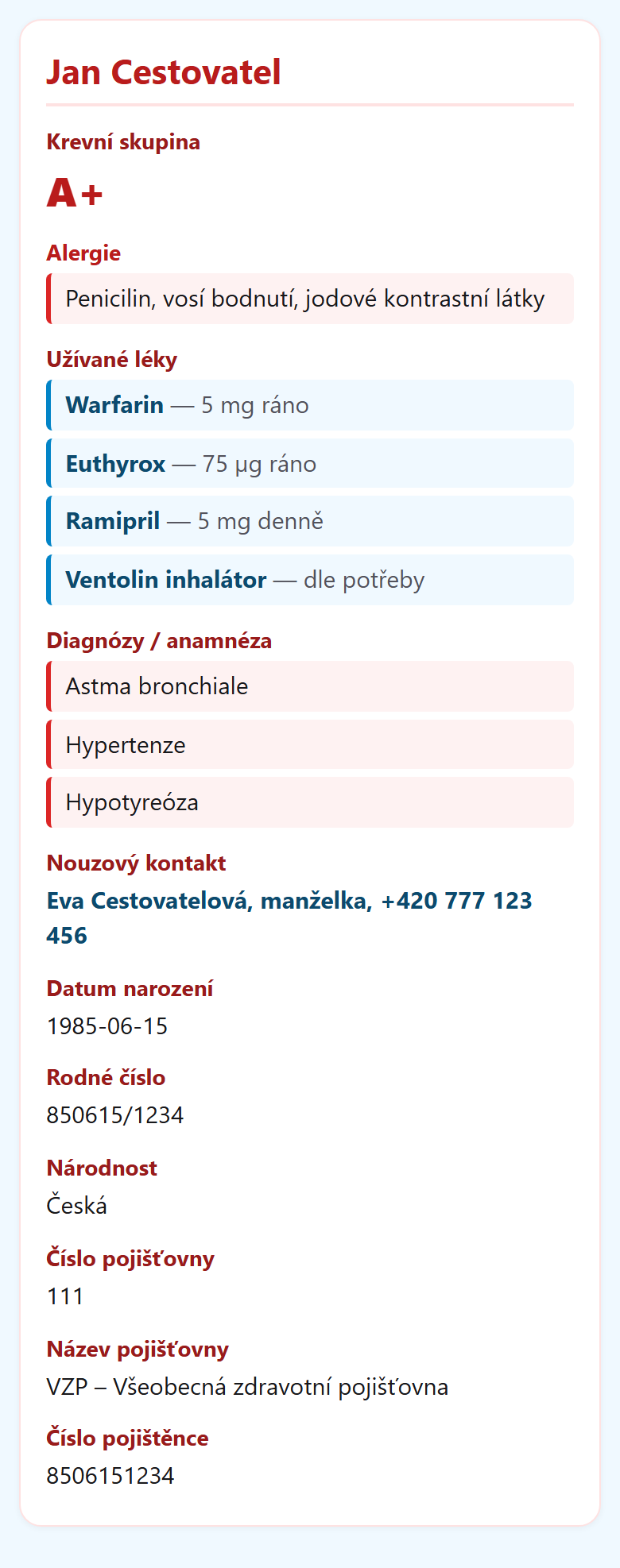 Zdravotní karta v aplikaci SeekBone, kterou uvidí záchranář po načtení QR kódu