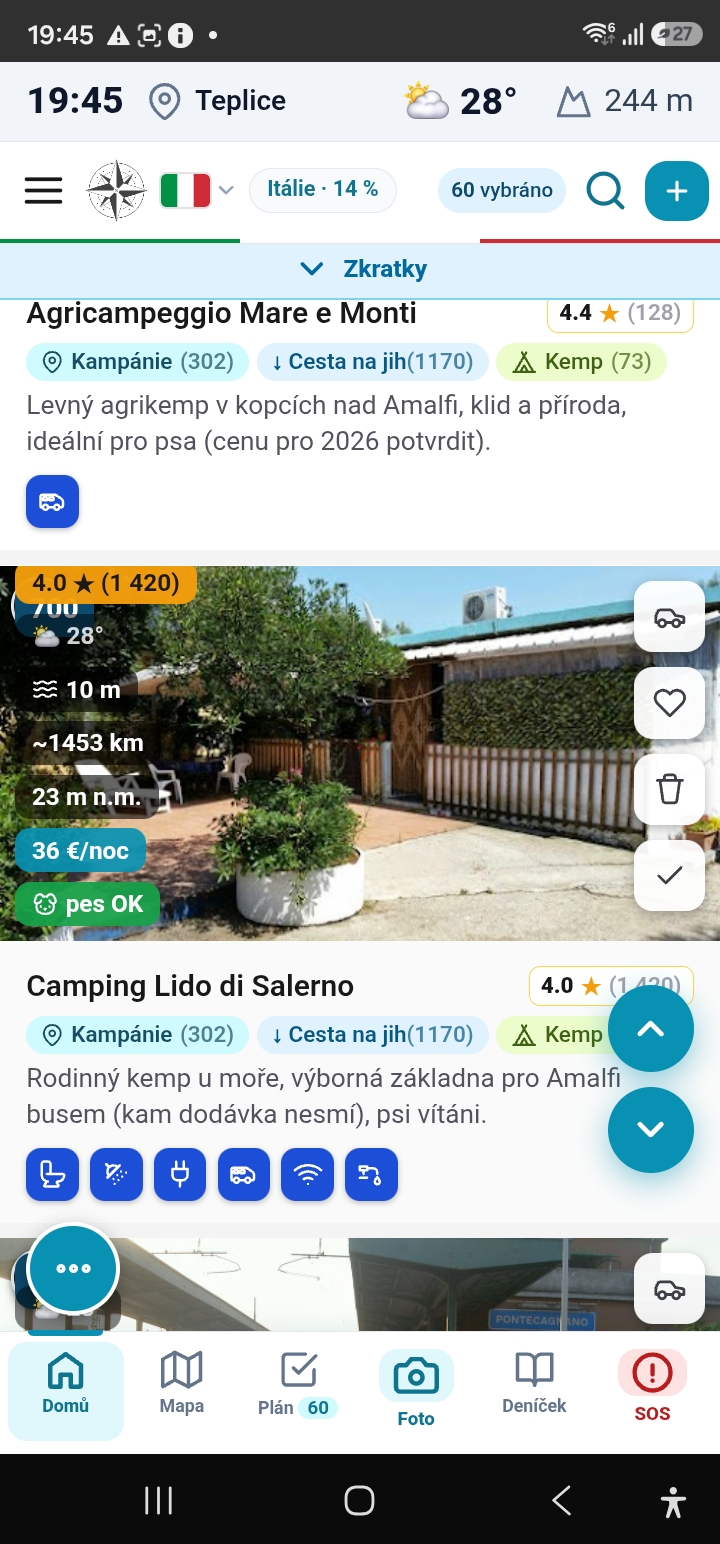 Karty míst s hodnocením, cenou a informací o psech
