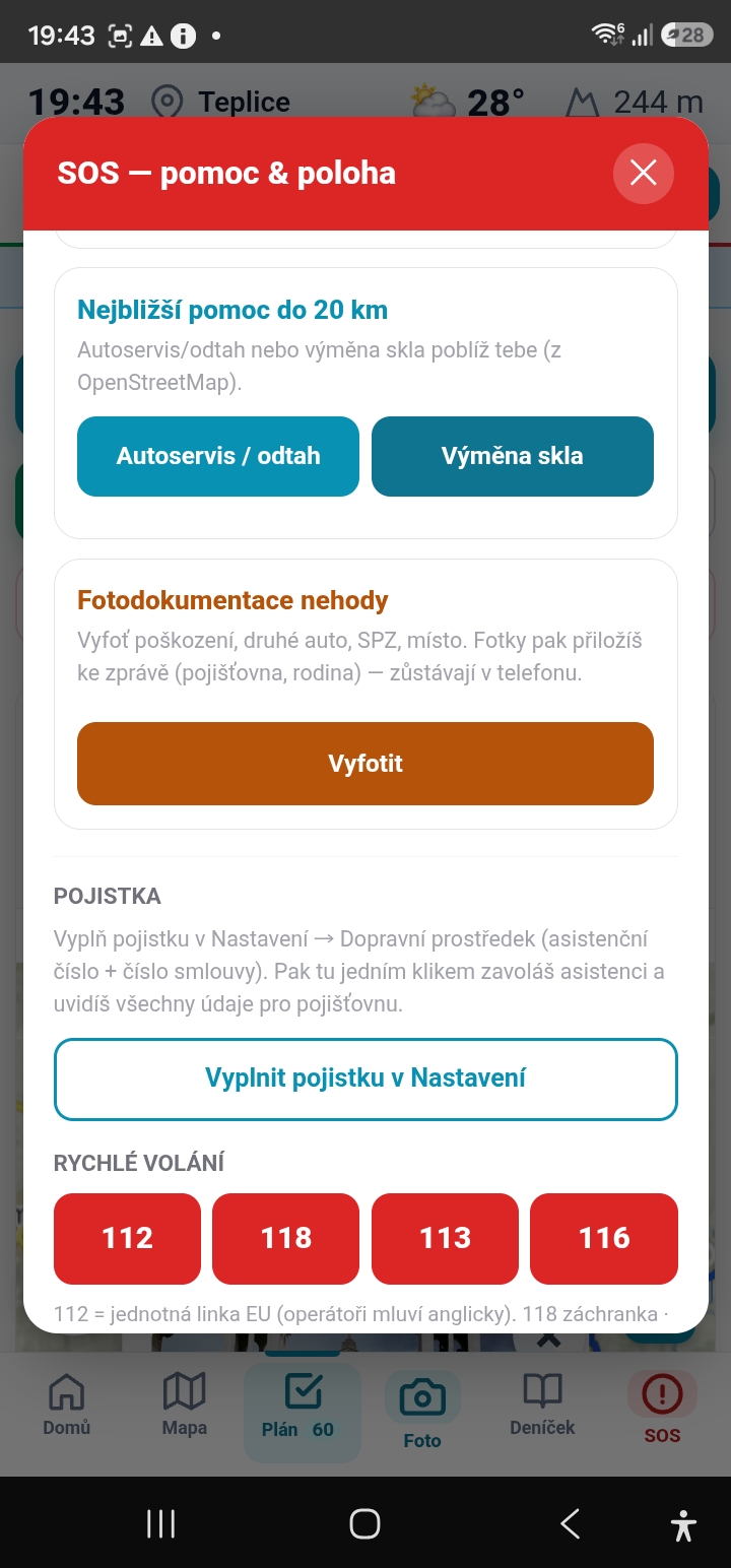 SOS panel — zdravotní karta posádky a tísňová čísla